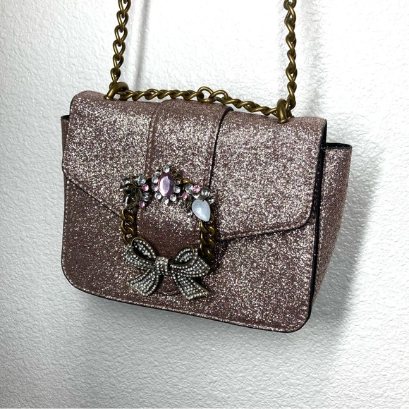 Aldo Glitter Shining Crossbody Bag Pink Silver Embellished Snap Closure 9x7" - Picture 5 of 16